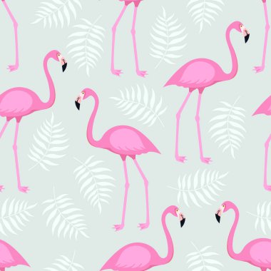Pembe flamingo kuşları ve tropic areca ile Dikişsiz trendy tropikal desen gri arka plan üzerinde bırakır. Vektör çizim