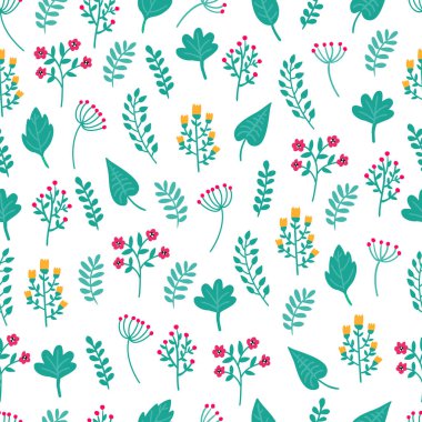 Şirin el Beyaz zemin üzerine yeşil bitki ve çiçek çiçek renkli seamless modeli çekilmiş. Scrapbooking, ambalaj kağıdı, tekstil vb için mükemmel. Kafe yazdır. Vektör çizim