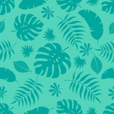 Egzotik seamless renkli parlak modeli ile yeşil tropikal orman siluetleri nane yeşil zemin üzerine bırakır. Çiçek modern desen için tekstil, üretim vb. Vektör çizim