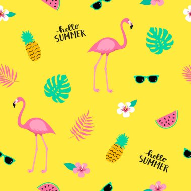 Flamingo, ananas, tropikal yaz Dikişsiz şirin renkli desen bırakır, karpuz, çiçekler, sarı zemin üzerine güneş gözlüğü. Vektör çizim