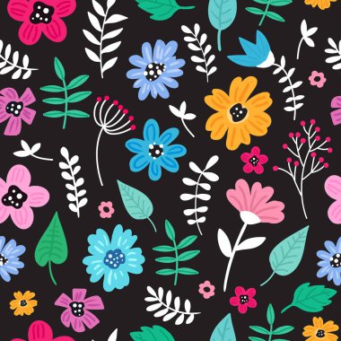 Şirin el çekilmiş çiçek renkli seamless modeli. Siyah arka plan. Scrapbooking, ambalaj kağıdı, tekstil vb için mükemmel. Kafe yazdır. Vektör çizim