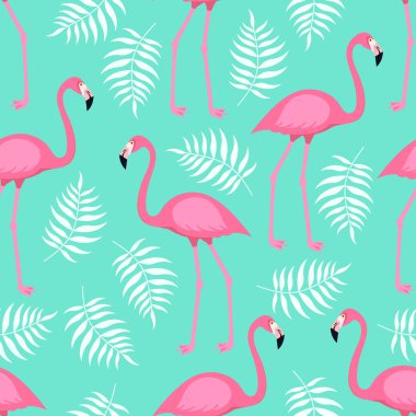 Dikişsiz trendy tropikal desen pembe flamingo kuşları ve tropic areca nane yeşil zemin üzerine bırakır. Vektör çizim