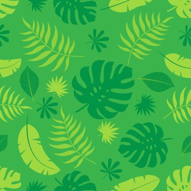 Egzotik Dikişsiz renkli parlak desen tropikal orman ile yeşil arka plan üzerinde bırakır. Çiçek modern desen için tekstil, üretim vb. Vektör çizim