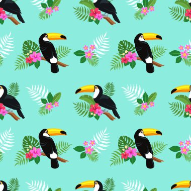 Yaz parlak renkli kesintisiz el çizilmiş tropikal desenle toucan kuşlar ve egzotik bitki yaprakları ve çiçekleri ebegümeci ve plumeria nane yeşil zemin üzerine. Hawaii tarzı. Vektör çizim