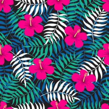 Tropikal çiçek Dikişsiz desen egzotik yaprakları ve ebegümeci pembe çiçekler ile. Vektör çizim
