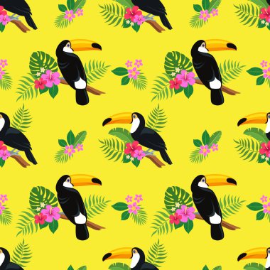 Yaz parlak renkli kesintisiz el çizilmiş tropikal desenle toucan kuşlar ve egzotik bitki yaprakları ve çiçekleri ebegümeci ve plumeria sarı zemin üzerine. Hawaii tarzı. Vektör çizim