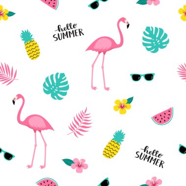 Flamingo, ananas, tropikal yaz Dikişsiz şirin renkli desen bırakır, karpuz, çiçekler, beyaz arka plan üzerinde güneş gözlüğü. Vektör çizim