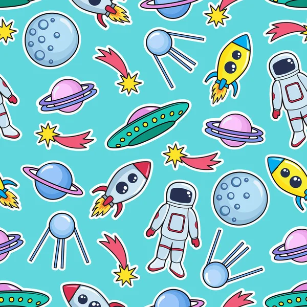 Cute seamless pattern with space cosmonaut planets ufo rockets spaceships satellite and comet on mint green background. Vector illustration
