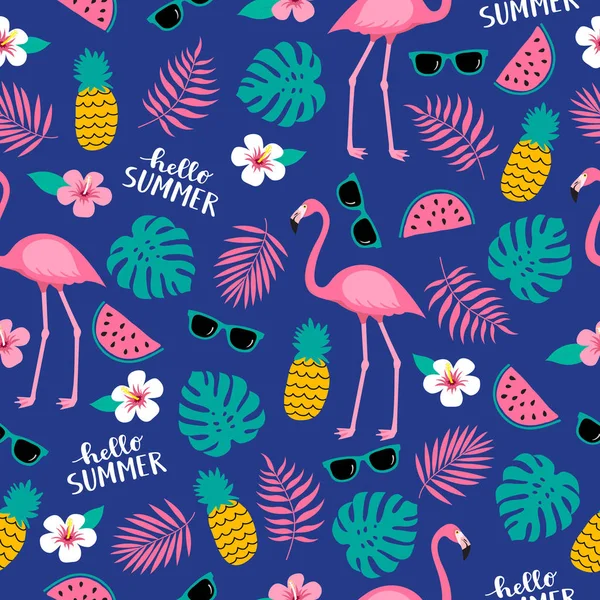 Roztomilé Barevné Vzor Bezešvé Flamingo Ananas Tropické Listy Meloun Květiny — Stockový vektor