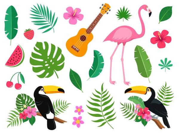 Collectie Van Tropische Hawaiiaanse Elementen Toekan Flamingo Ukulele Hawaïaanse Guitar — Stockvector