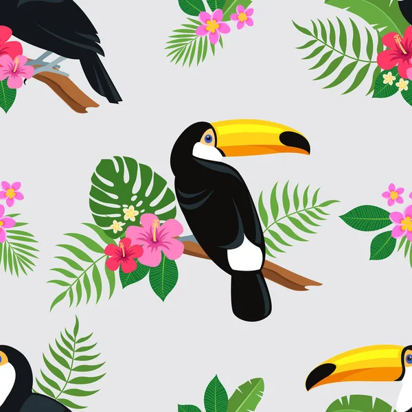 Zomer Kleurrijke Naadloze Brechterhand Getekende Tropische Patroon Met Toucan Vogels — Stockvector