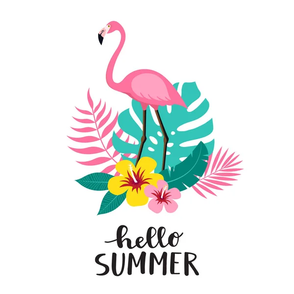 Flamingo Vogel Met Exotische Tropische Bladeren Bloemen Hallo Zomer Belettering — Stockvector
