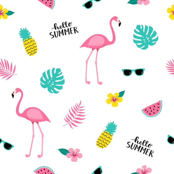 Zomer Naadloze Leuke Kleurrijke Patroon Met Flamingo Ananas Tropische Bladeren — Stockvector