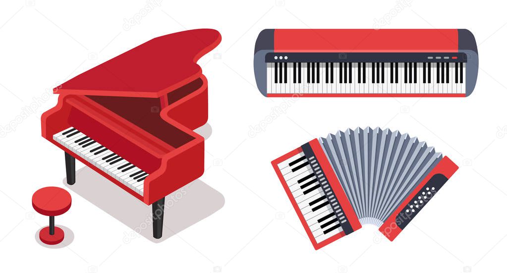 Keyboard musical instruments vector set. Classical piano with stool, electric piano, accordion isolated on white background. Cute flat cartoon style. Vector illustration