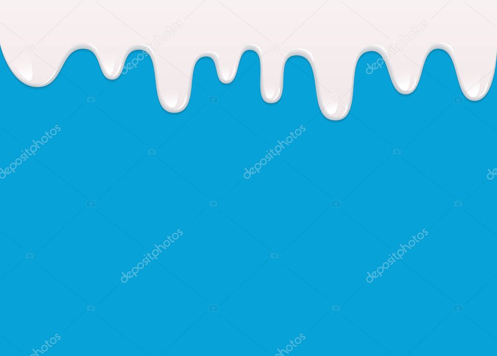 Liquid drips of white yogurt, milk, cream, paint etc on blue background. Vector illustration of milky flow drops