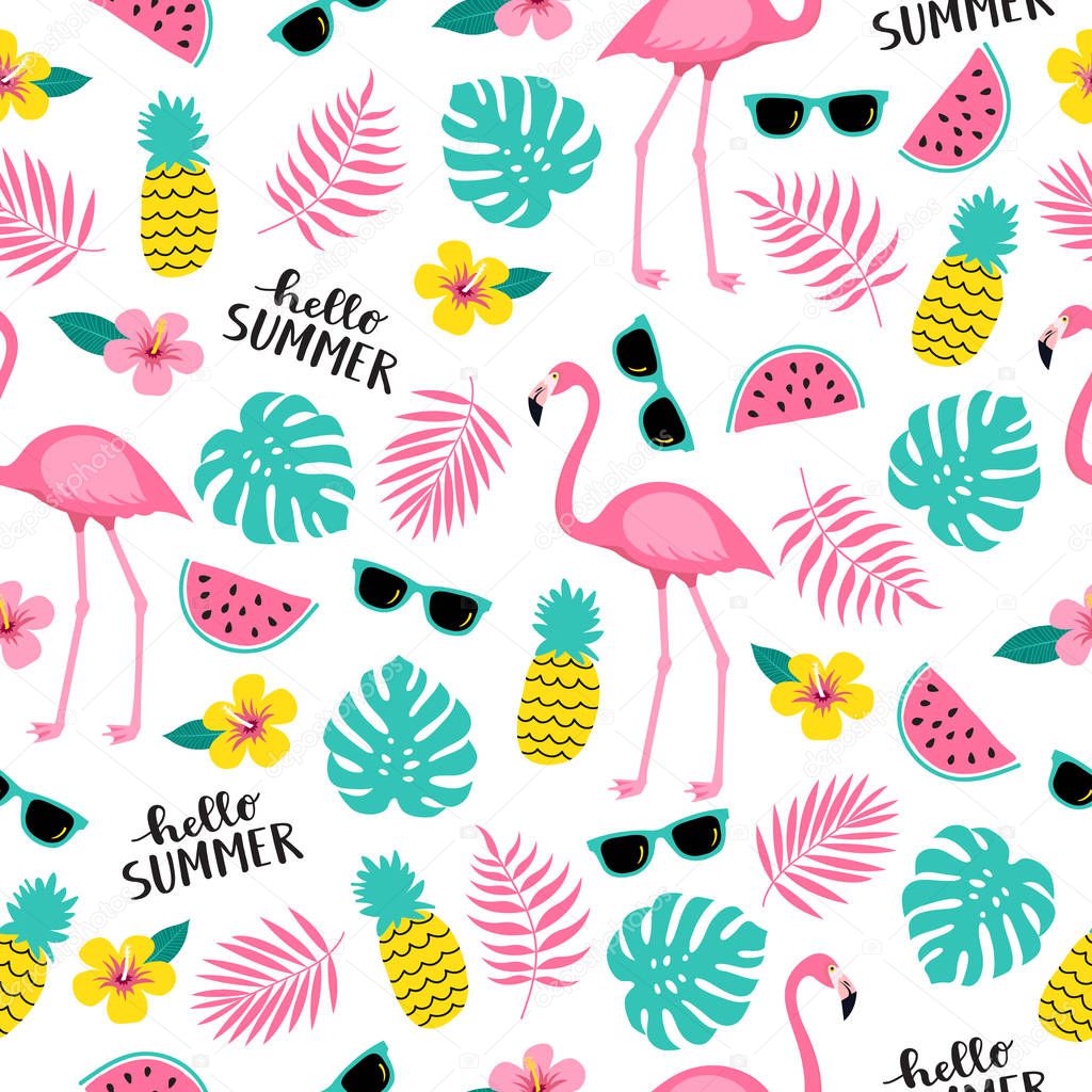 Summer seamless cute colorful pattern with flamingo, pineapple, tropical leaves, watermelon, flowers, sunglasses on white background. Vector illustration