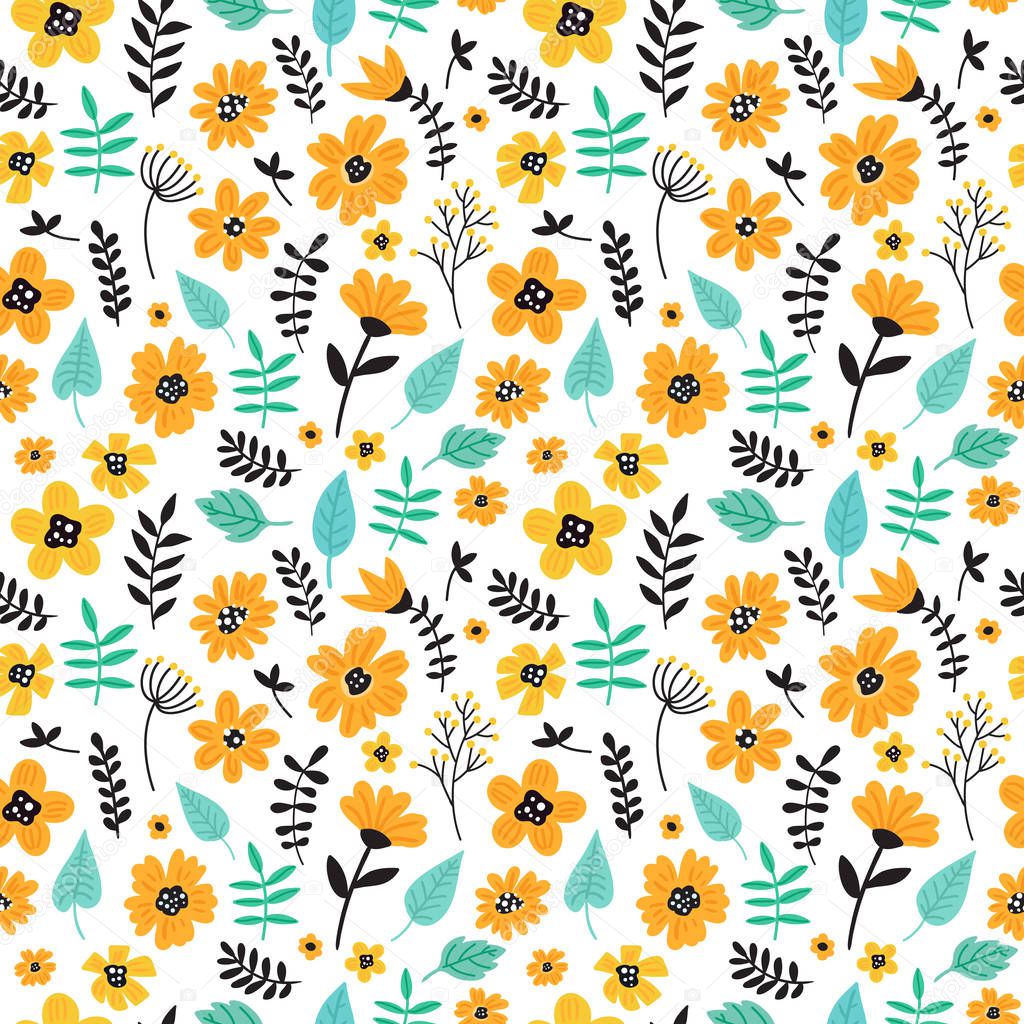 Cute hand drawn floral colorful seamless pattern of yellow flowers. Perfect for scrapbooking, wrapping paper, textile etc. Ditsy print. Vector illustration
