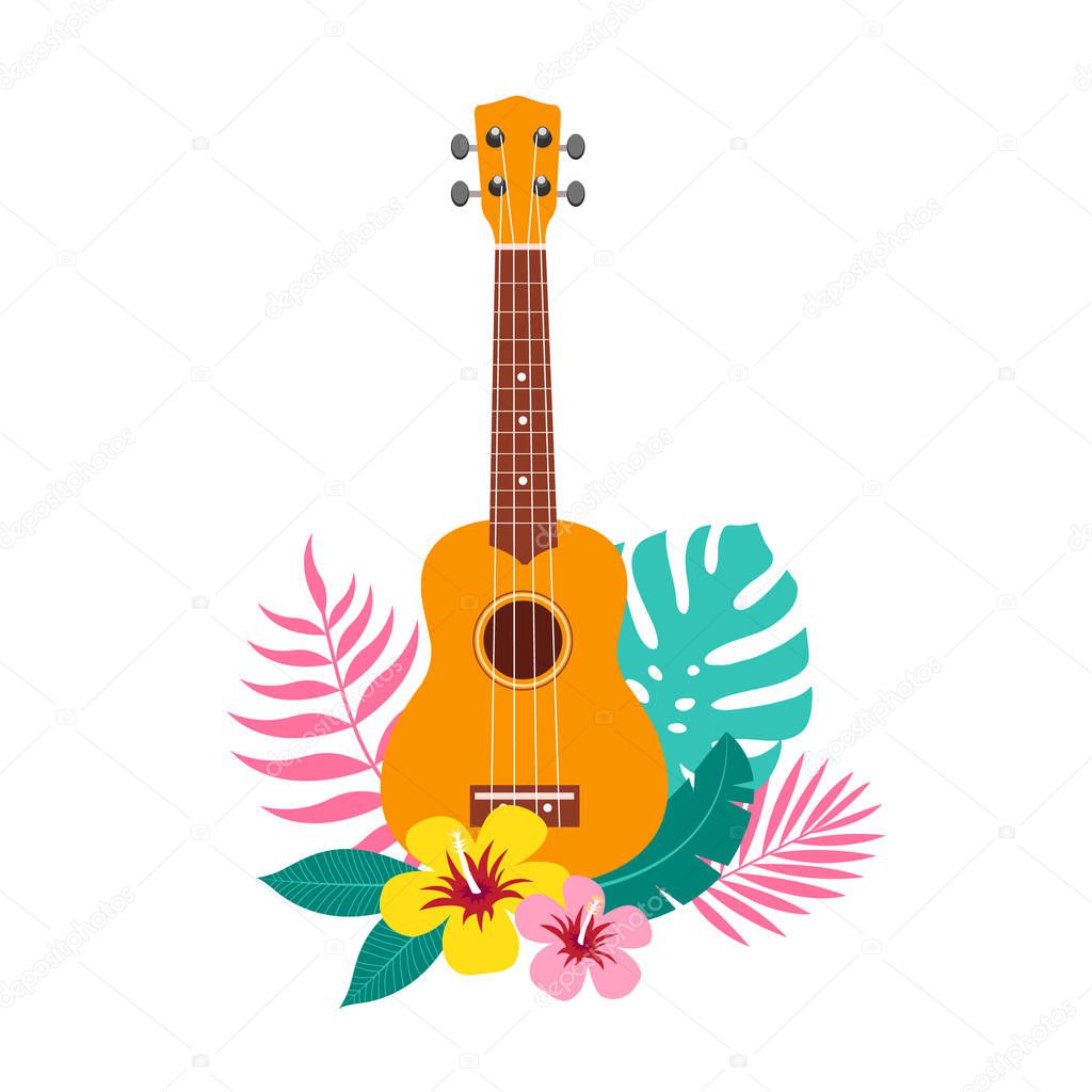 Ukulele and tropical leaves and flowers on white background. Hawaiian guitar vector illustration