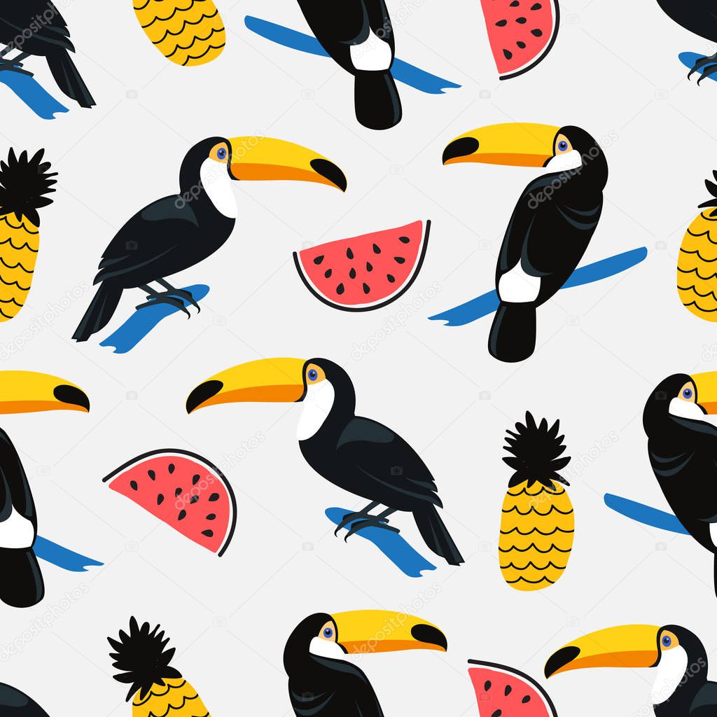 Seamless colorful summer pattern with hand drawn toucan birds, watermelon and pineapple fruits. Tropical exotic vector illustration 