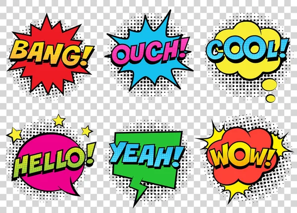 Retro Komické Bubliny Průhledné Pozadí Text Výraz Bang Cool Ahoj — Stockový vektor
