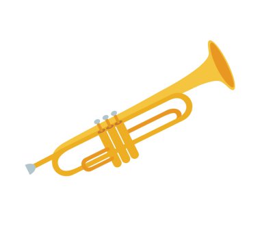 Beyaz arka plan üzerinde izole altın trompet. Trompet vektör Illustration. Rüzgar müzik aleti. Trompet simgesi, Sevimli düz çizgi stili