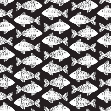 Sorunsuz çizilmiş basit desende İskandinav tasarım stili ile balıkçı siyah renk arka plan üzerinde. Vektör çizim