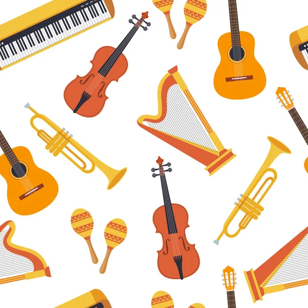 Beyaz arka planda müzik aletleri Dikişsiz şık renkli desen. Vektör çizim