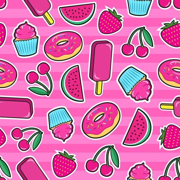 カラフルなパッチでかわいいシームレス パターン ステッカーのアイス クリーム チェリー イチゴ スイカ ドーナツ カップケーキ ピンクの背景など — ストックベクタ
