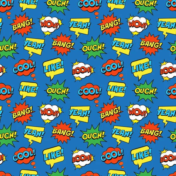 Mavi arka plan üzerinde komik konuşma balonları ile Seamless renkli modeli. İfadeler, Boom, Vay, Ah, Bang, gibi süper. Vektör çizim modern vintage çıkartmalar, pop sanat tarzı