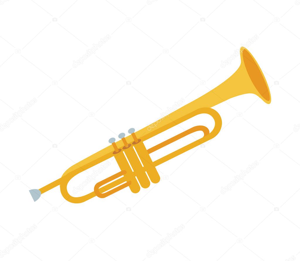 Golden trumpet isolated on white background. Vector illustration of trumpet. Wind musical instrument. Trumpet icon, cute flat cartoon style