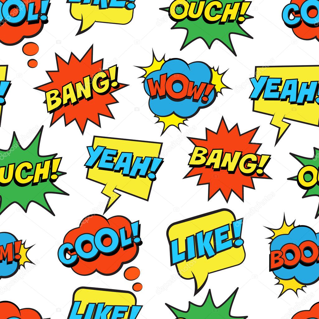 Seamless colorful pattern with comic speech bubbles on white background. Expressions COOL, YEAH, BOOM, WOW, OUCH, BANG, LIKE. Vector illustration of modern vintage stickers, pop art style