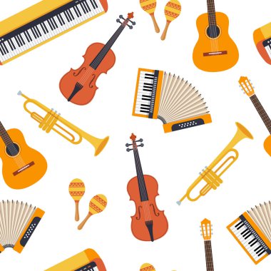 Beyaz arka planda müzik aletleri Dikişsiz şık renkli desen. Keman, akordeon, marakas, gitar, piyano, boru. Düz stil. Vektör çizim