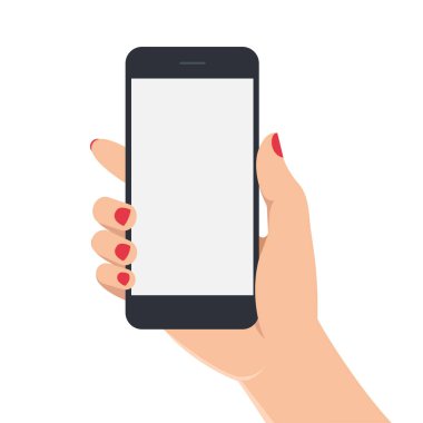 El ile smartphone beyaz boş ekran ile tutarak manikür. Kadın el ile beyaz arka plan üzerinde hareket eden telefon. Telefon ekran şablonu. Akıllı telefon vektör çizim