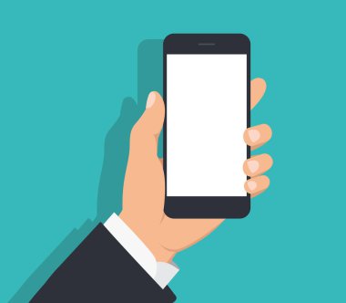 Siyah takım elbise ile beyaz boş perde smartphone tutan erkek elinde. El ile hareket eden telefon yeşil zemin üzerine gölge ile. Telefon ekran şablonu. Düz stil. Vektör çizim
