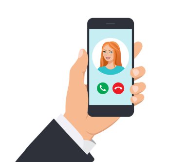 Smartphone gelen arama. Akıllı telefon tutarak siyah takım elbise erkek elinde. El ile beyaz arka plan üzerinde hareket eden telefon. Avatar kız. Telefon ekran şablonu. Düz stil. Vektör çizim