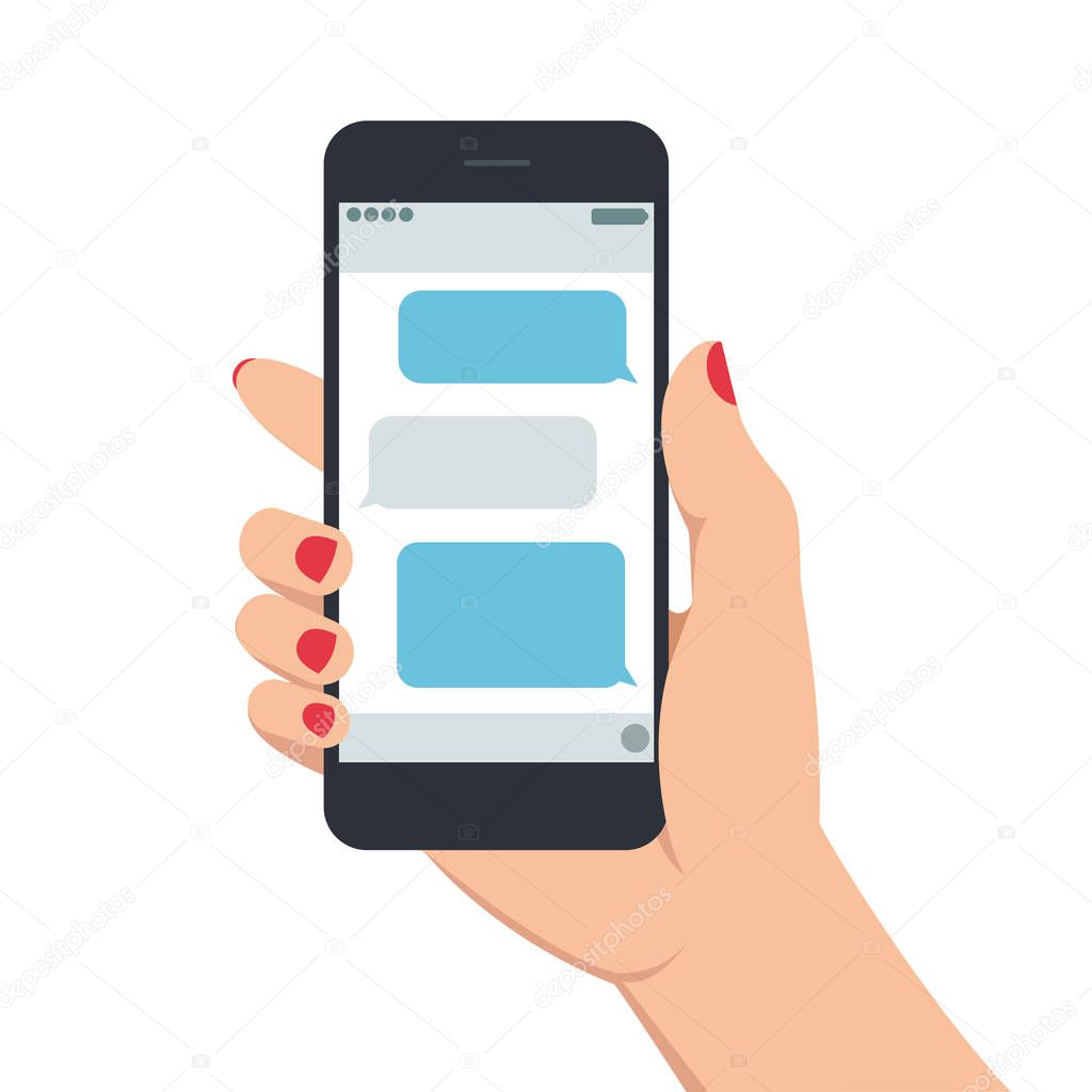 Female hand with manicure holding smartphone with mesaages on display. Hand with mobile phone on white background. Vector illustration