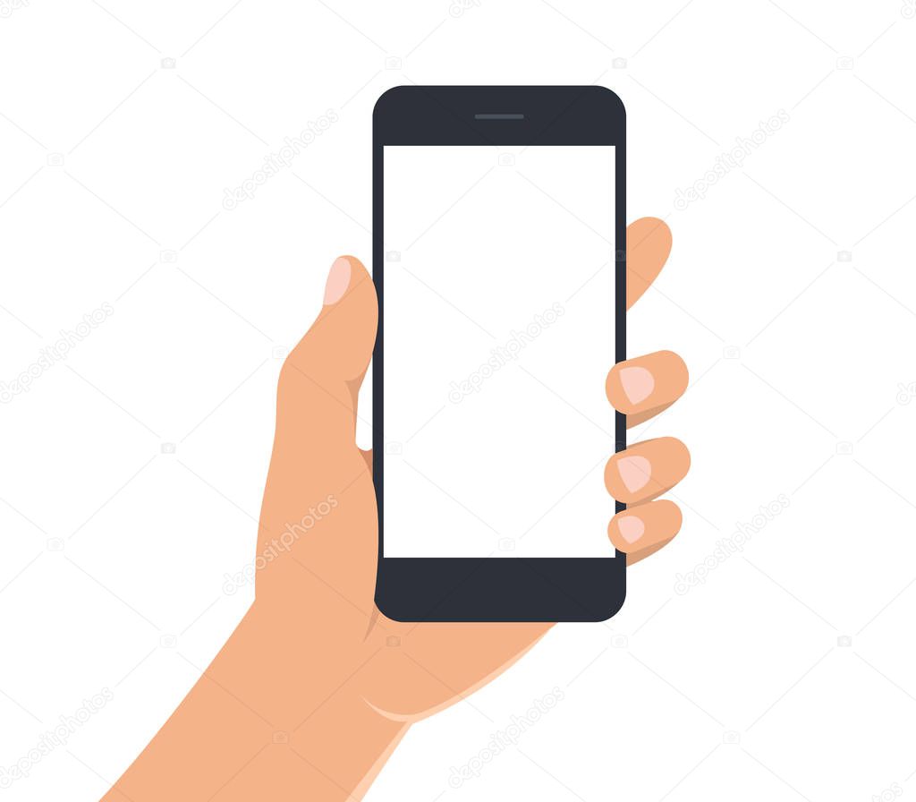 Male hand holding black smartphone with white blank screen. Man hand with mobile phone on white background. Phone display template. Flat style. Vector illustration of smart phone