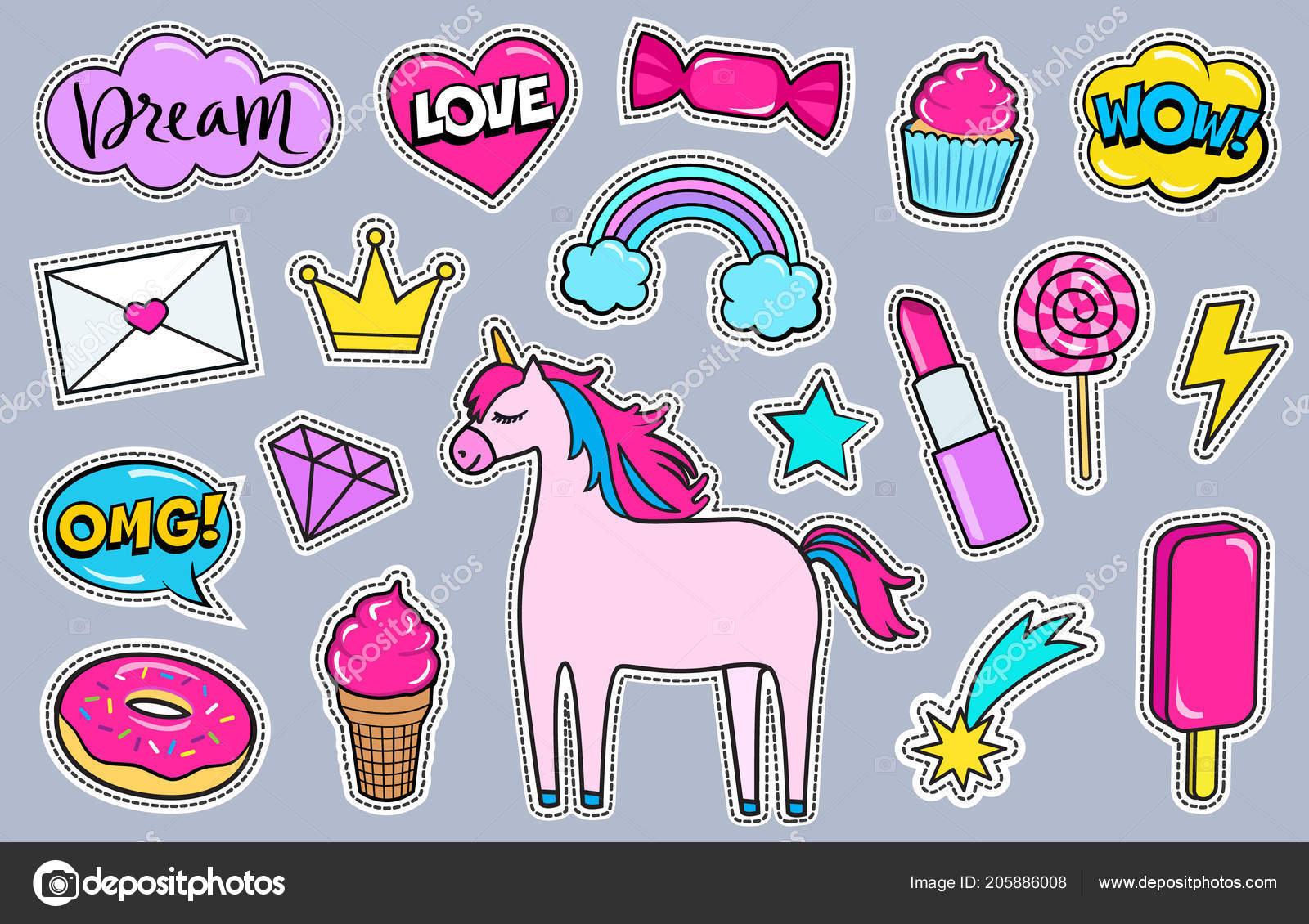 Vector Set of Cute Funny Patches and Stickers in 90s Style.Modern