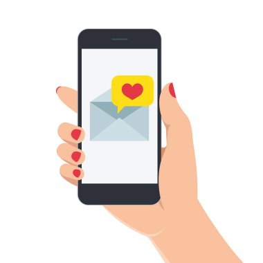 Manikürlü bir kadının eli ekranda aşk mesajı olan akıllı telefonu tutuyor. Beyaz arka planda cep telefonu olan bir el. Vektör illüstrasyonu