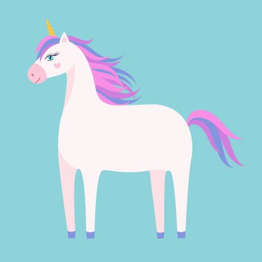 Yeşil arka planda sihirli pembe tek boynuzlu at. Çizgi film stili güzel tek boynuzlu at çocuk eşyaları, posterler, kartlar vs. Vektör illüstrasyonu
