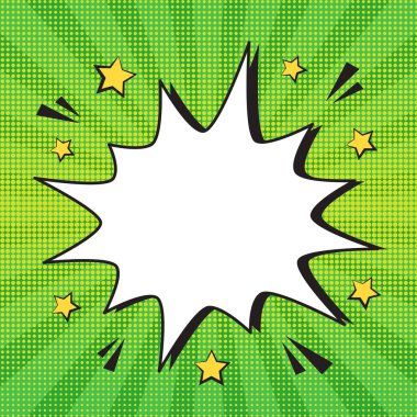 Retro komik ifade, yeşil çizgili arka planda renkli yarım ton gölgesi olan boş konuşma balonu. Vektör illüstrasyonu, klasik tasarım, pop sanat tarzı.