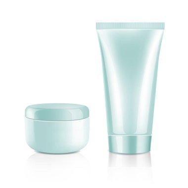 Kozmetik gerçekçi yeşil plastik krem şişesi ve beyaz arka planda izole edilmiş tüp. Güzellik ürünü paket şablonu, vektör illüstrasyonu.