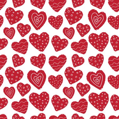 Kırmızı ile Seamless modeli el Beyaz zemin üzerine çizilen kalpler. İskandinav tasarım stili, vektör çizim