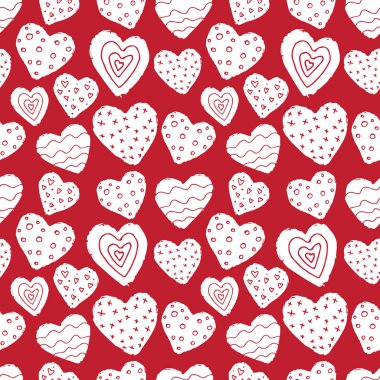 Çizilen kalpler kırmızı zemin üzerine beyaz ile Seamless modeli ver. İskandinav tasarım stili, vektör çizim