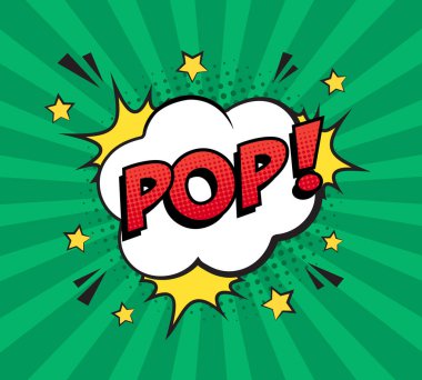 Retro komik konuşma balonu yeşil çizgili desen renkli yarı ton gölge ile. İfade metin Pop. Vektör çizim, vintage tasarım, pop sanat tarzı.