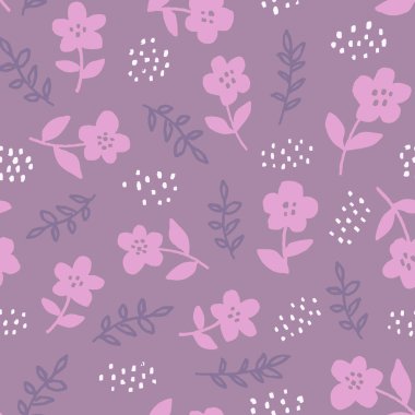 El ile şık sorunsuz çiçek desenli pembe çiçekler mor zemin üzerine çizilmiş. Kafe Baskı Tekstil için. İskandinav tasarım stili, vektör çizim