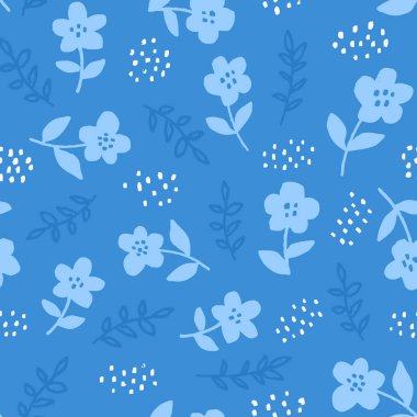 El ile şık sorunsuz çiçek desenli mavi çiçekler mavi zemin üzerine çizilmiş. Kafe baskı Tekstil için. İskandinav tasarım stili, vektör çizim