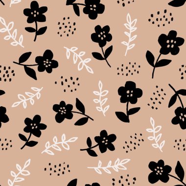 Kahverengi arka planda el mavisi renginde çiçeklerle süslenmiş zarif, pürüzsüz bir çiçek deseni. Tekstil için küçük bir parmak izi. İskandinav tasarım tarzı, vektör illüstrasyonu