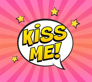 Retro komik konuşma balonu ile çizgili renkli yarı ton pembe arka plan üzerinde ifade metin öp beni. Vektör çizim, vintage tasarım, pop sanat tarzı.