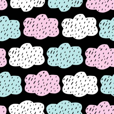 Şirin Dikişsiz renkli desen el pastel renkler bulutlar siyah arka plan üzerine çizilmiş. İskandinav tasarım stili, vektör çizim